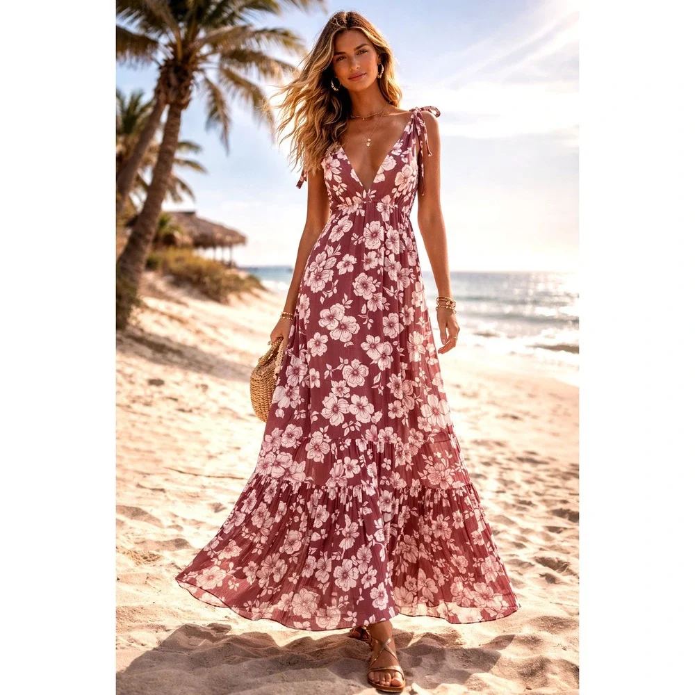 Abercrombie & Fitch Floral Maxi Dress M Rust Red Boho Tie Shoulder Deep V